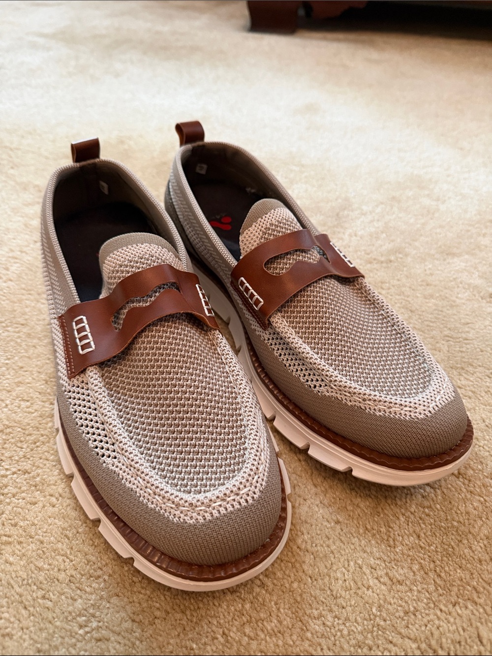 Men's Taupe Knit Slip-On Loafers with Brown Strap